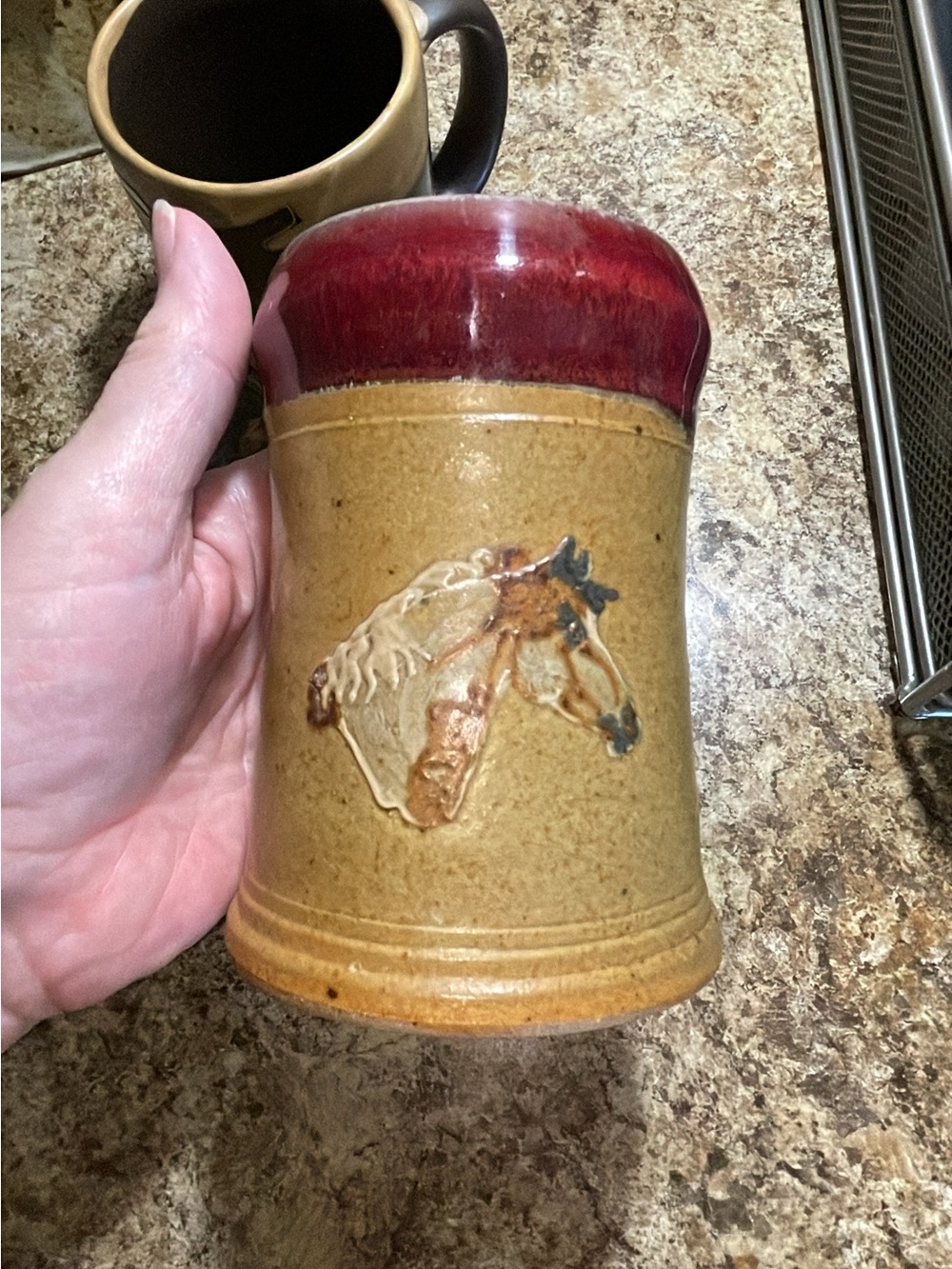 Handcrafted Stoneware Horse Relief Mug - Red Rim MADE BY WINCHESTER POTTERY